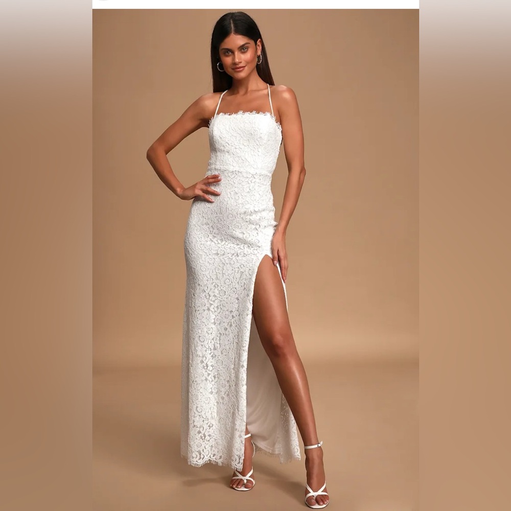Lulu's White Strapless Lace Maxi Dress with Thigh Slit